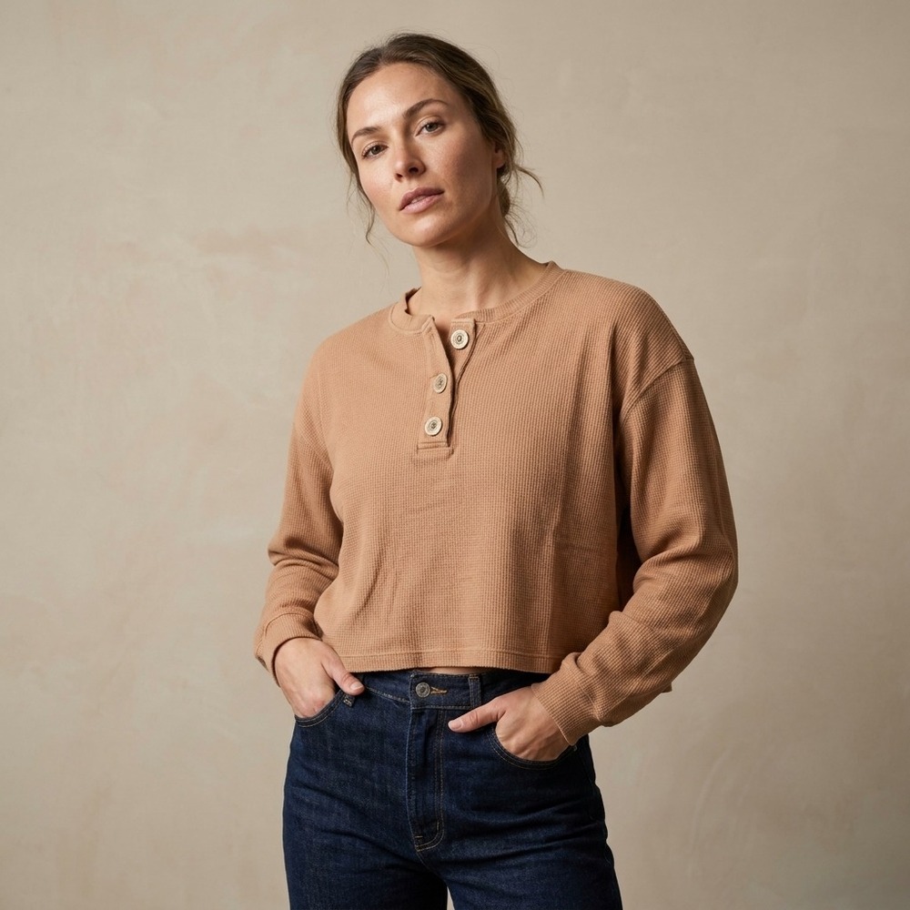 FILOSOFIA Heritage Waffle Knit Henley Womens Tan Supima Cotton Traditional